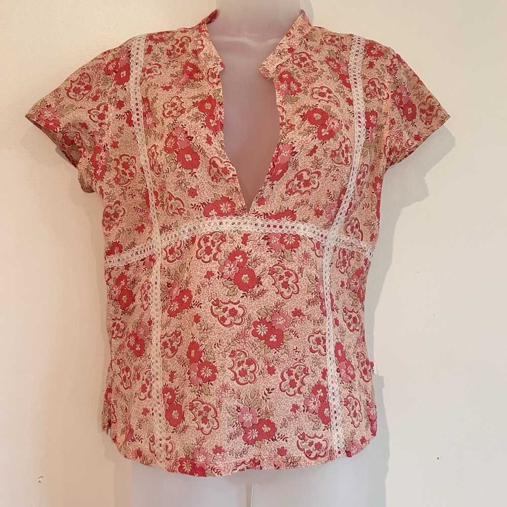 Vtg Made in USA Coquette Floral Blouse Sz M Cottage Crochet Cotton Trim